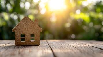 Rustic Wooden House Ornament on Textured Surface with Sunlight Filtering Through Trees photo