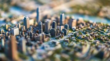 TiltShift Urban Skyline Scene with Distinctive Architecture and City River Overlooked by Skyscrapers photo