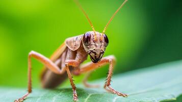 Macro Image of a Small Praying Mantis Posing on a Green Leaf photo