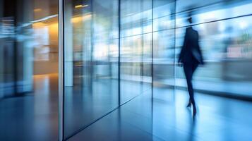 Professional in motion as futuristic office environment reflects progress and dynamism photo