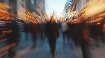 Dynamic City Scene with Motion Blur Capturing Busy Urban Crowd and Vibrant Atmosphere photo