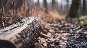 Close Up of Fallen Tree Log on a Leaf Covered Path in Autumn Forest photo
