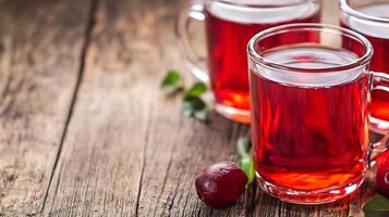 Refreshing Cranberry Juice in Glass Mugs on Rustic Wooden Table Setting Nature's Hydration Boost photo