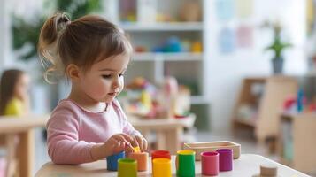 Adorable Toddler Engaged in Creative Play with Colorful Blocks in a Learning Environment photo