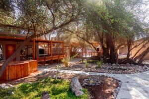 a small house with a patio and a tree photo