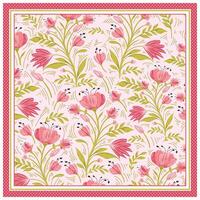 Square print patterned scarf with pink flowers and green leaves on a light background, bordered by polka dots. vector