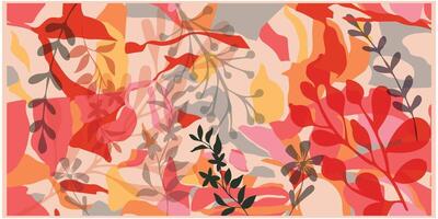 Repeat flower print pattern, A lively abstract composition filled with an assortment of colorful leaves and flowers, creating a visually striking pattern. vector