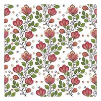 floral pattern with stylized red flowers, green leaves, and scattered dots on a white background. vector