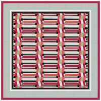 square geometric print pattern of interlocking geometrical lines in red, white, and green, creating a sense of depth. vector