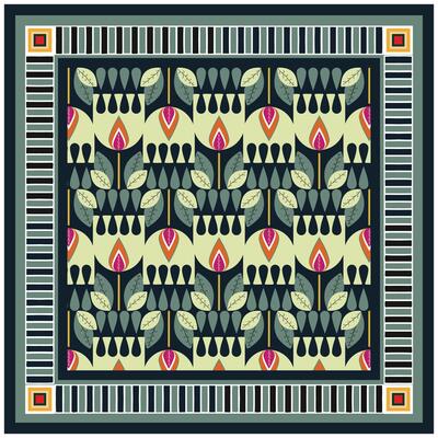 Square geometric colorful abstract geometric pattern with symmetrical shapes on a pastel background.