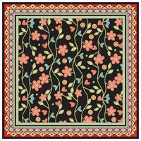 Pattern of stylized orange flowers and green leaves on black background a black backdrop showcases an array of colorful flowers and leaves, enhancing their vividness and beauty. vector