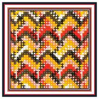 Pixelated square scarf pattern with interlocking zigzags in red, yellow, and black, framed with a border. vector