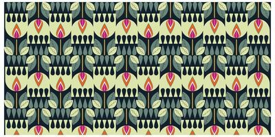 A repeat print of colorful arrangement of red, yellow, and blue leaves creating a lively and dynamic pattern. vector