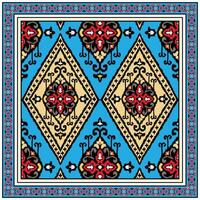 Square scarf, decorative textile pattern with symmetrical floral motifs in red, black, and beige on a blue background. vector
