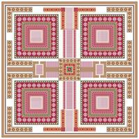 Intricate square geometric pattern with red, black, and beige motifs on white textile. vector