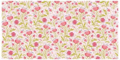 A repeat print patterned scarf with pink flowers and green leaves on a light background, bordered by polka dots. vector