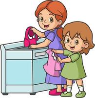 Mother and daughter loading dresses in washing machine vector