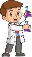 little scientist cartoon using chemistry flask doing science experiments vector