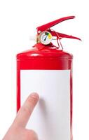 Man using fire extinguisher isolated on white photo