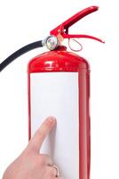 Man using fire extinguisher isolated on white photo