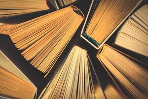 Old and used hardback books or text books seen from above. photo