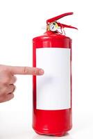 Man using fire extinguisher isolated on white photo