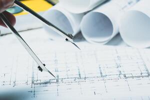 Project drawings and tools, close up photo