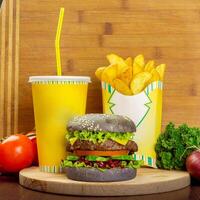 fast food menu with hamburger, french fries and glass of cola photo