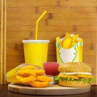 fast food menu with hamburger, french fries and glass of cola photo