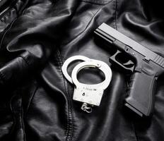 Rifle, gun, knife with sheath, compass and notebook with pen on on black cloth photo