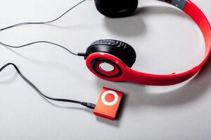 Audio Headphones with Cord on Grey Background photo