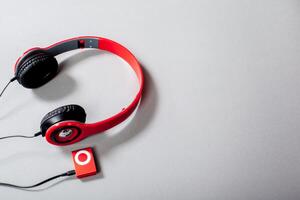 Audio Headphones with Cord on Grey Background photo