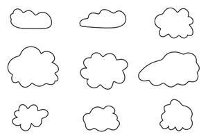 White clouds of different shapes in doodle style. Hand drawn clouds. Cloudy abstraction on white background. illustration. vector