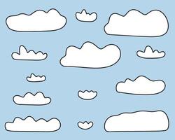 Set of linear clouds in doodle style. Hand drawn clouds. Abstract white cloudiness on blue background. illustration vector