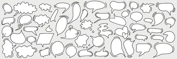 Big set of dialog boxes, different options are hand drawn. Collection of speech bubbles for conversation, dialogue, decoration on gray background. Empty comics conversations. vector