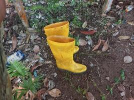 Yellow rubber boots, boots that are placed on the ground photo