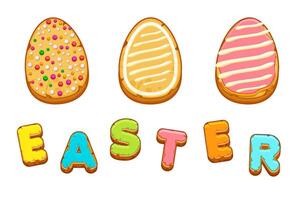 Set of Easter cookies in the form of Eggs. Gingerbread cookies with pastel glaze isolated on white background. A holiday of religion vector