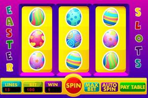 Lucky Slots UI with set of slot symbols. Classic UI game slot machine with buttons and symbols on the theme of Easter Day-colored eggs vector