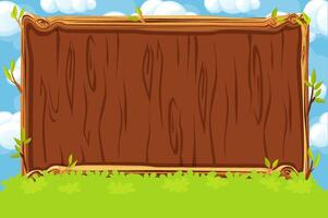 Wooden board for game UI. Background or screen for your game development. Blue sky and wooden board on green grass vector
