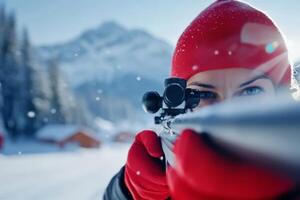 A shooter in a red hat aims carefully while enjoying a snowy winter landscape in the mountains during the day photo