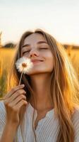 A young woman enjoying a dandelion in a golden field during sunset with a serene expression on her face photo