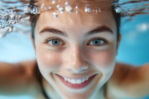 Young girl smiles brightly underwater in a swimming pool during a sunny afternoon, showcasing joy and playfulness in water photo