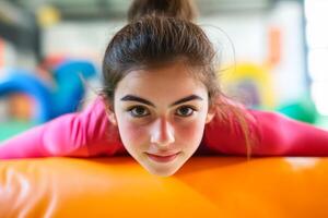 Young girl balances on a colorful inflatable obstacle during a fun gymnastic play session in an indoor recreation center photo