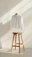 A white long-sleeve shirt hanging effortlessly on a wooden stool illuminated by soft sunlight through a window photo