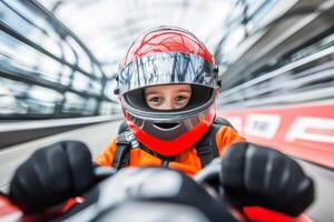 Young racer in a red helmet enjoys karting on an indoor track with sleek curves and bright lighting photo