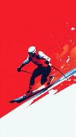 A skier races down a steep slope, showcasing speed and skill against a bold red background photo