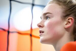 A young athlete in deep concentration during a volleyball match at a sports arena photo