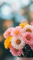 Colorful bouquet of pink and yellow flowers in a soft-focus setting on a sunny day photo