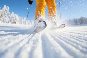 A skier glides gracefully through freshly fallen snow on a bright, sunny day in a winter wonderland setting photo