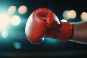 A close-up of a red boxing glove held by a fighter ready for action under bright lights in a training space photo